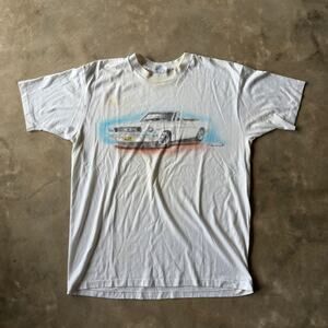 VINTAGE WHITE MUSTANG GRAPHIC SHIRT MENS XL 80S 90S *STAIN*